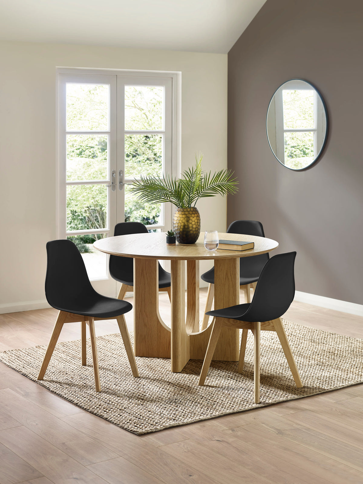 Set of 2 Agatha Black Plastic Dining Chairs with Wooden Legs