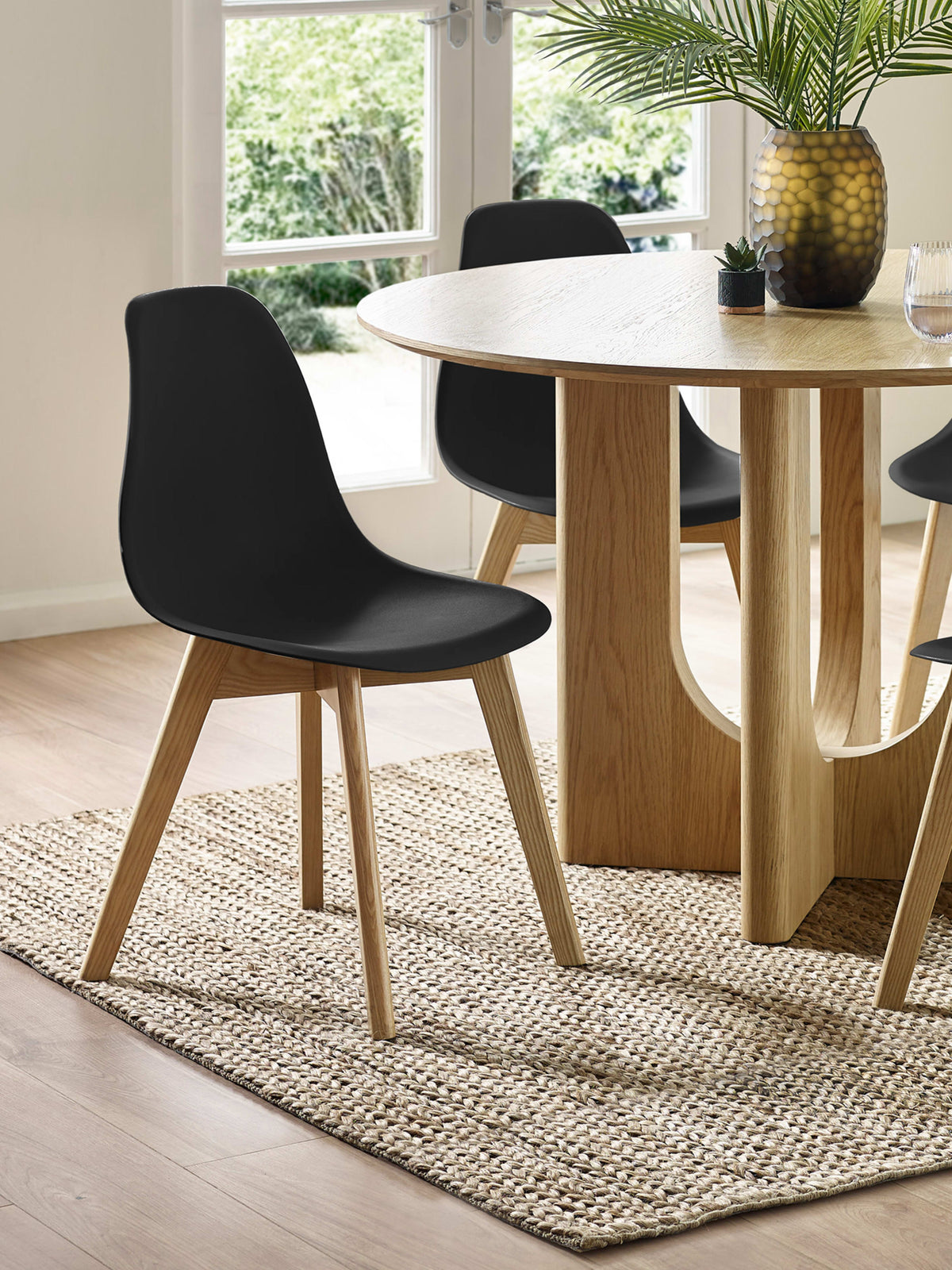 Set of 2 Agatha Black Plastic Dining Chairs with Wooden Legs