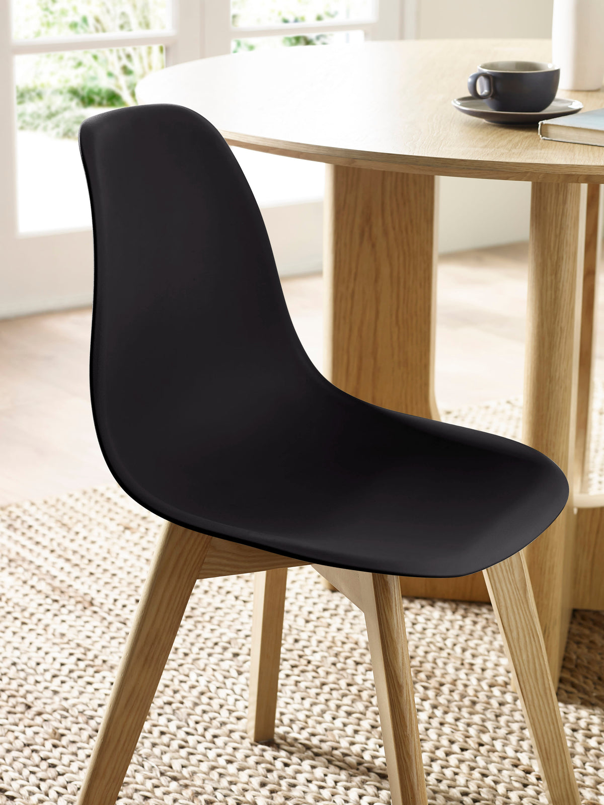 Set of 2 Agatha Black Plastic Dining Chairs with Wooden Legs