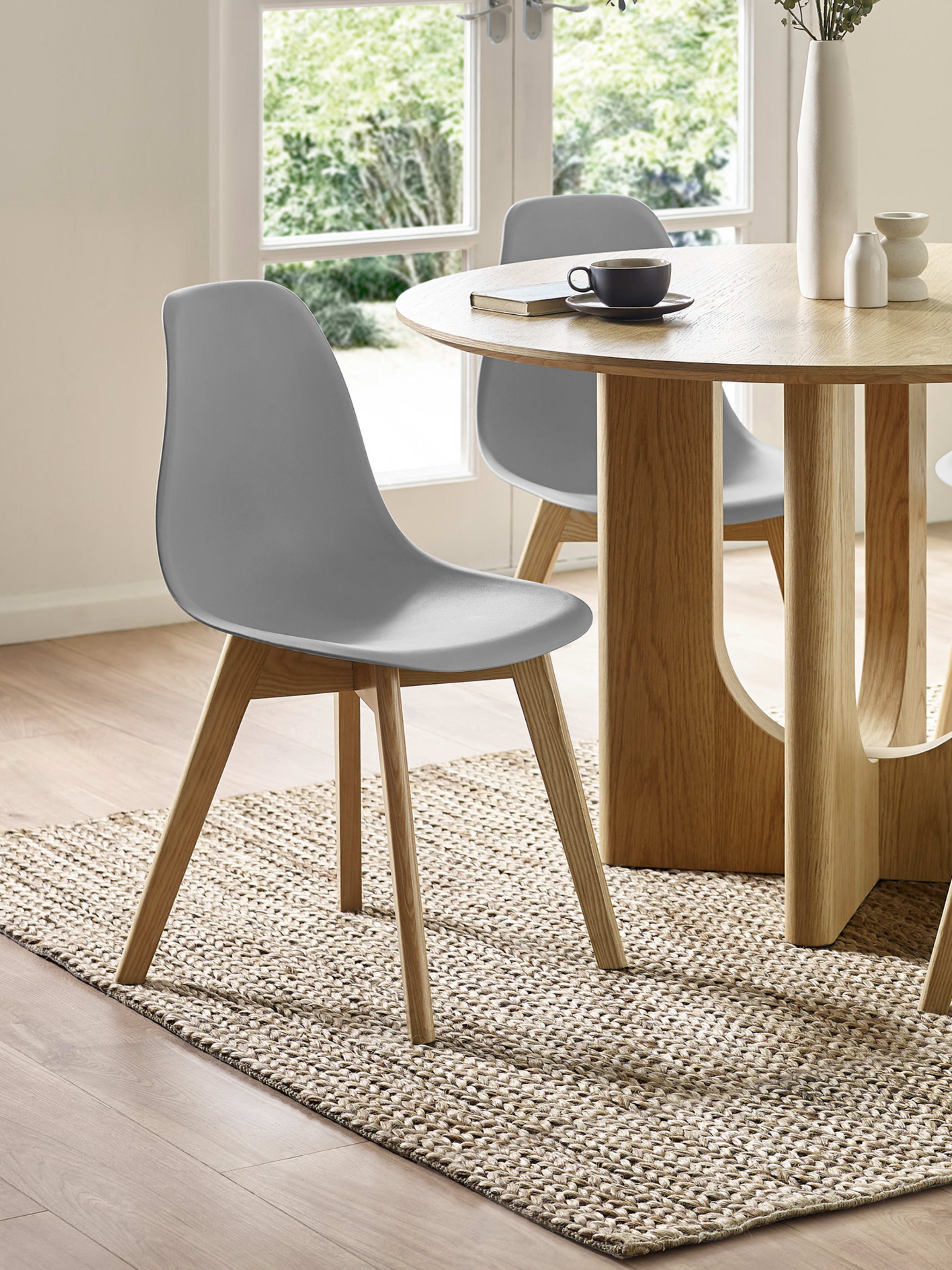 Set of 2 Agatha Grey Plastic Dining Chairs with Wooden Legs