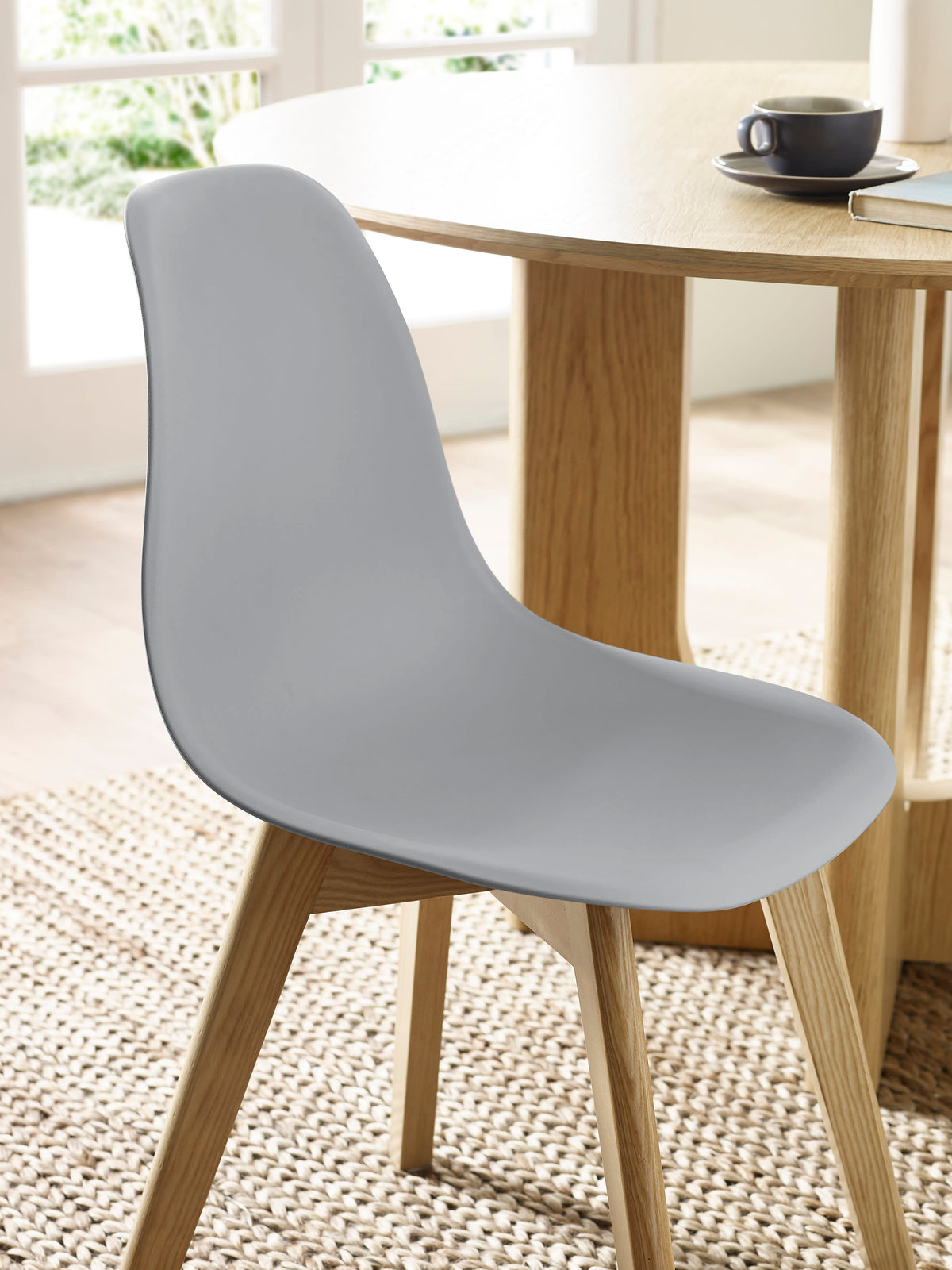 Set of 2 Agatha Grey Plastic Dining Chairs with Wooden Legs