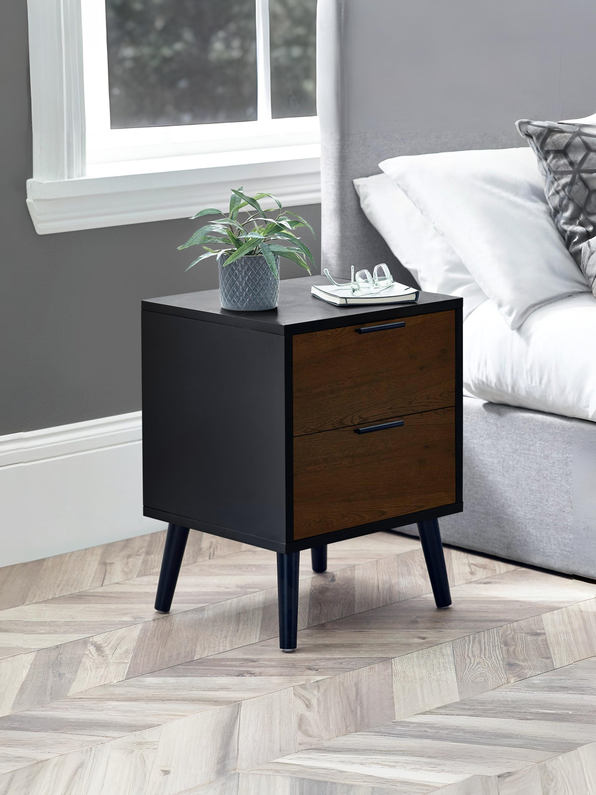 Alba 2 Drawer Bedside - Walnut/Black