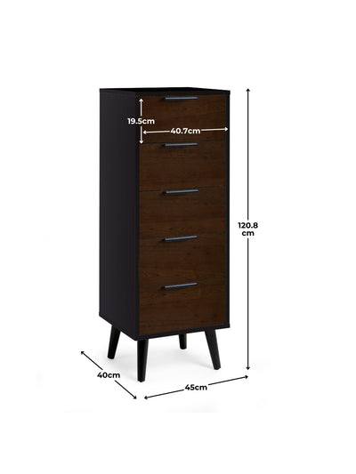 Alba 5 Drawer Narrow Chest - Walnut/Black