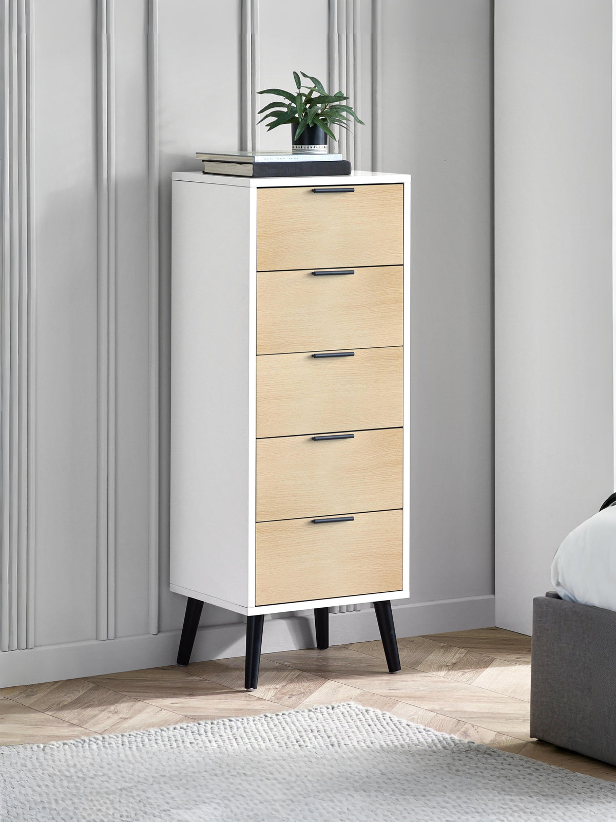 Alba 5 Drawer Narrow Chest - White/Oak