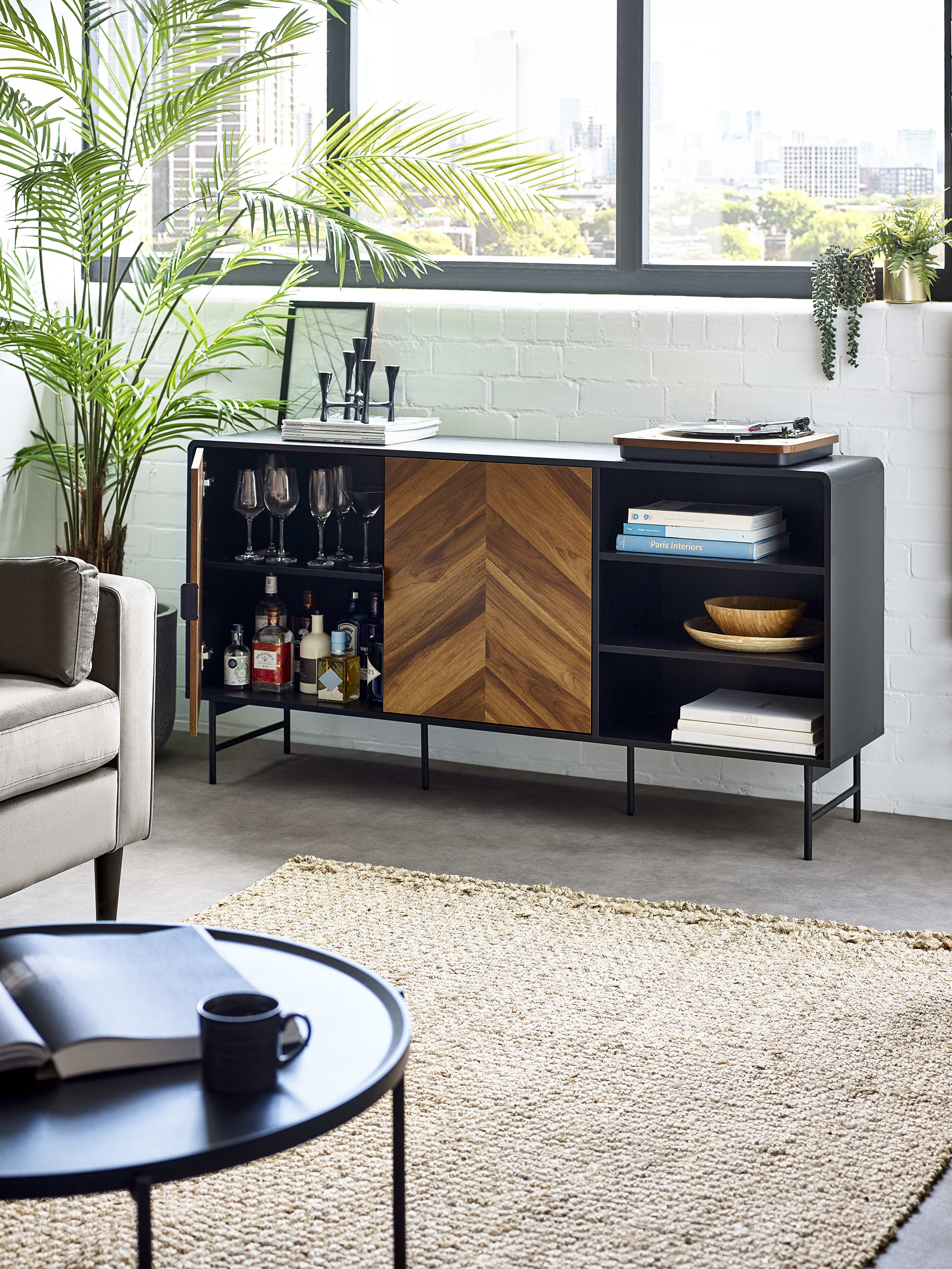 Alvin Black and Natural Wood‑Effect Sideboard