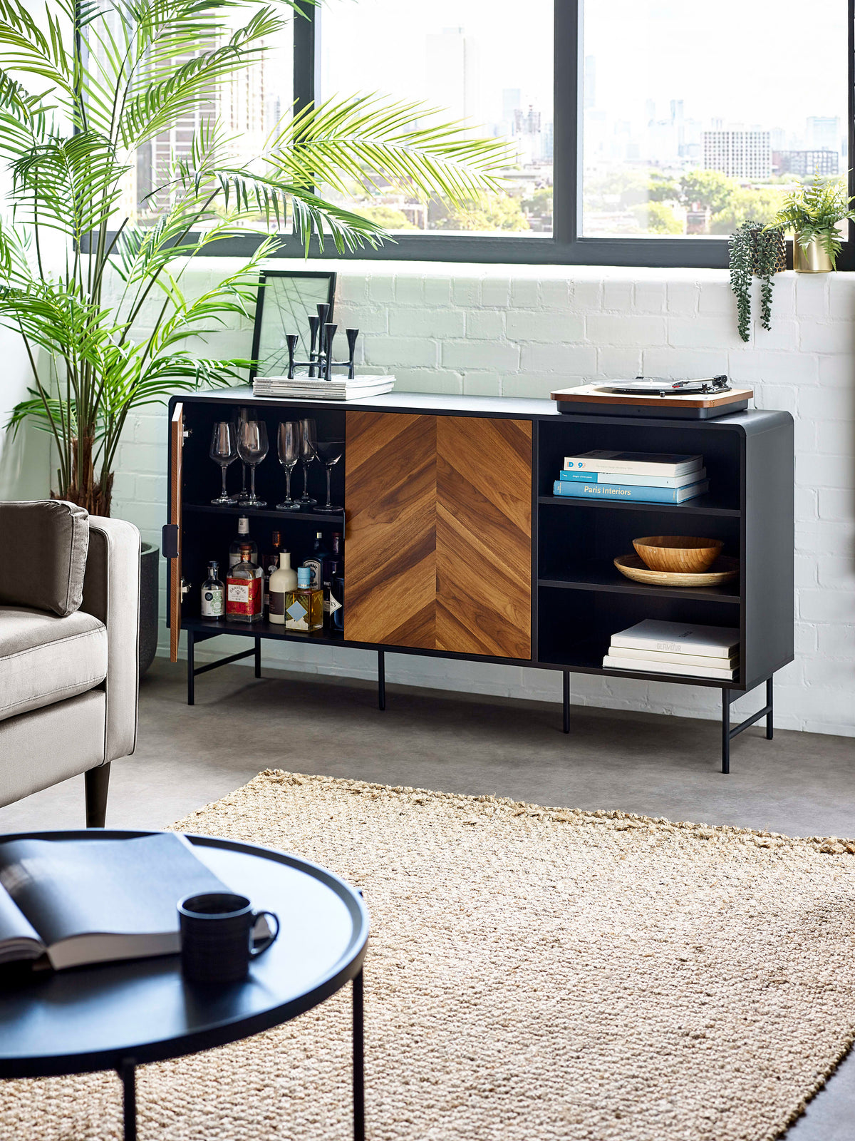Alvin Black and Natural Wood‑Effect Sideboard