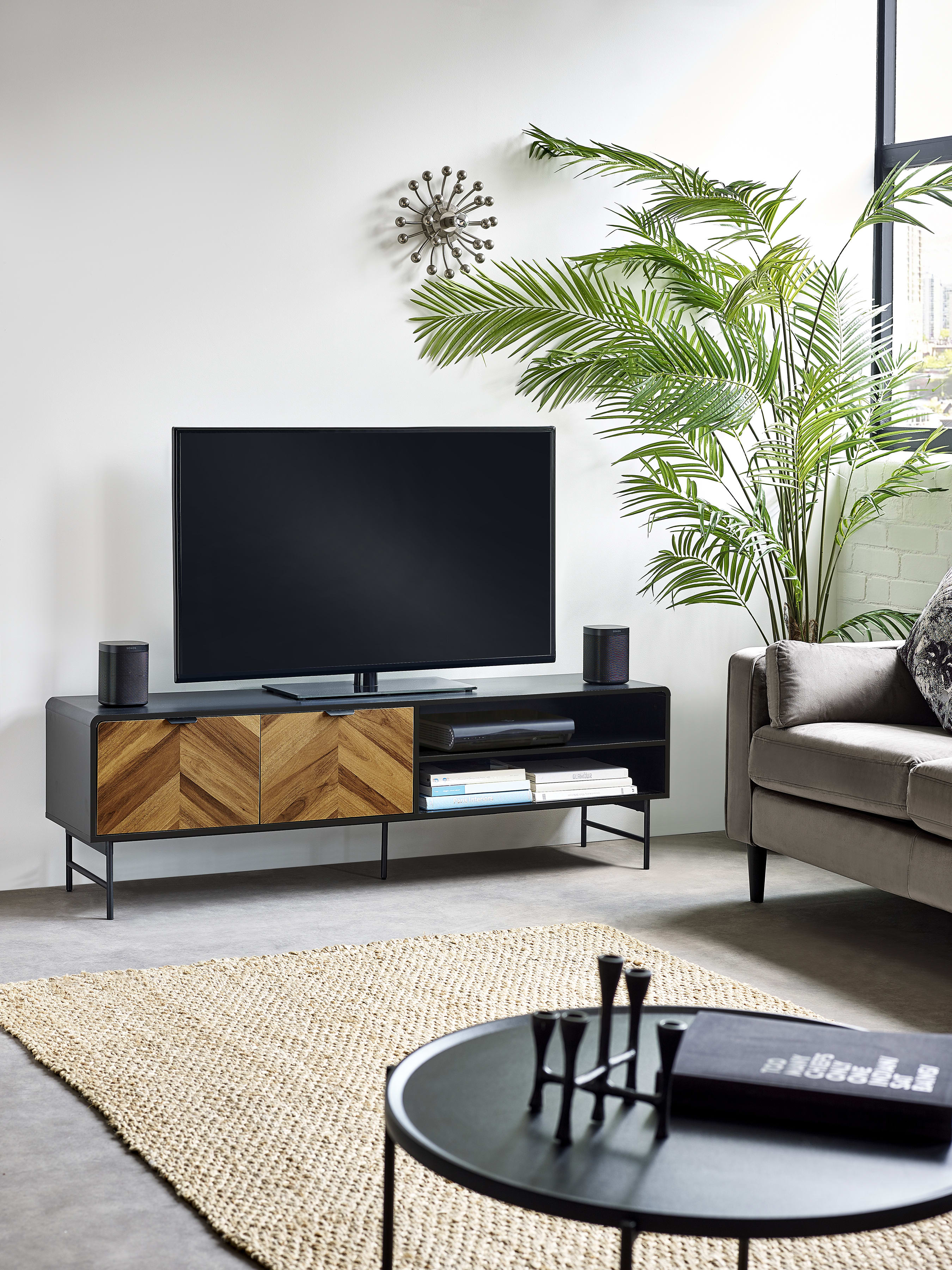 Alvin Black and Natural Wood‑Effect 65" TV Unit