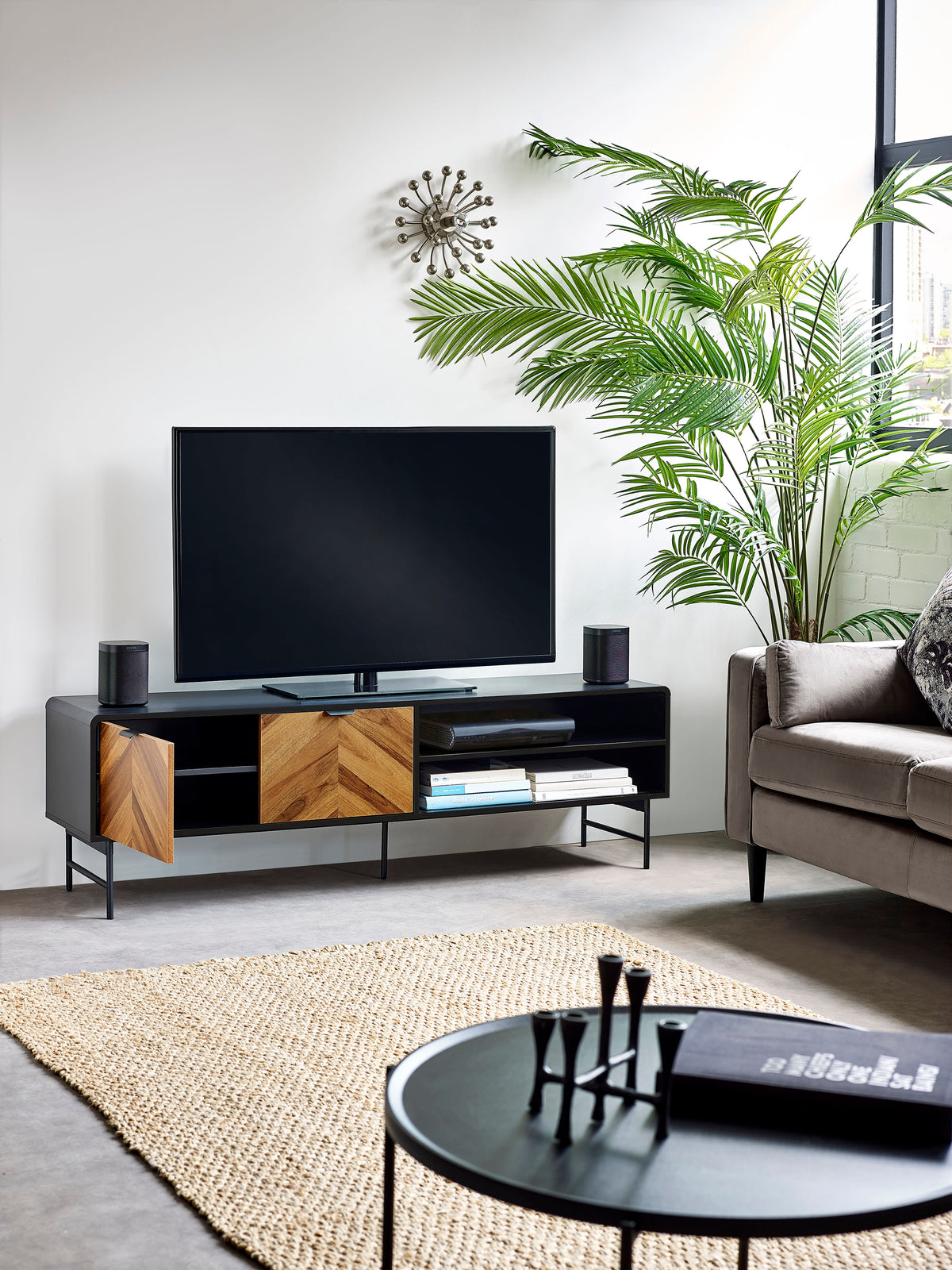 Alvin Black and Natural Wood‑Effect 65" TV Unit