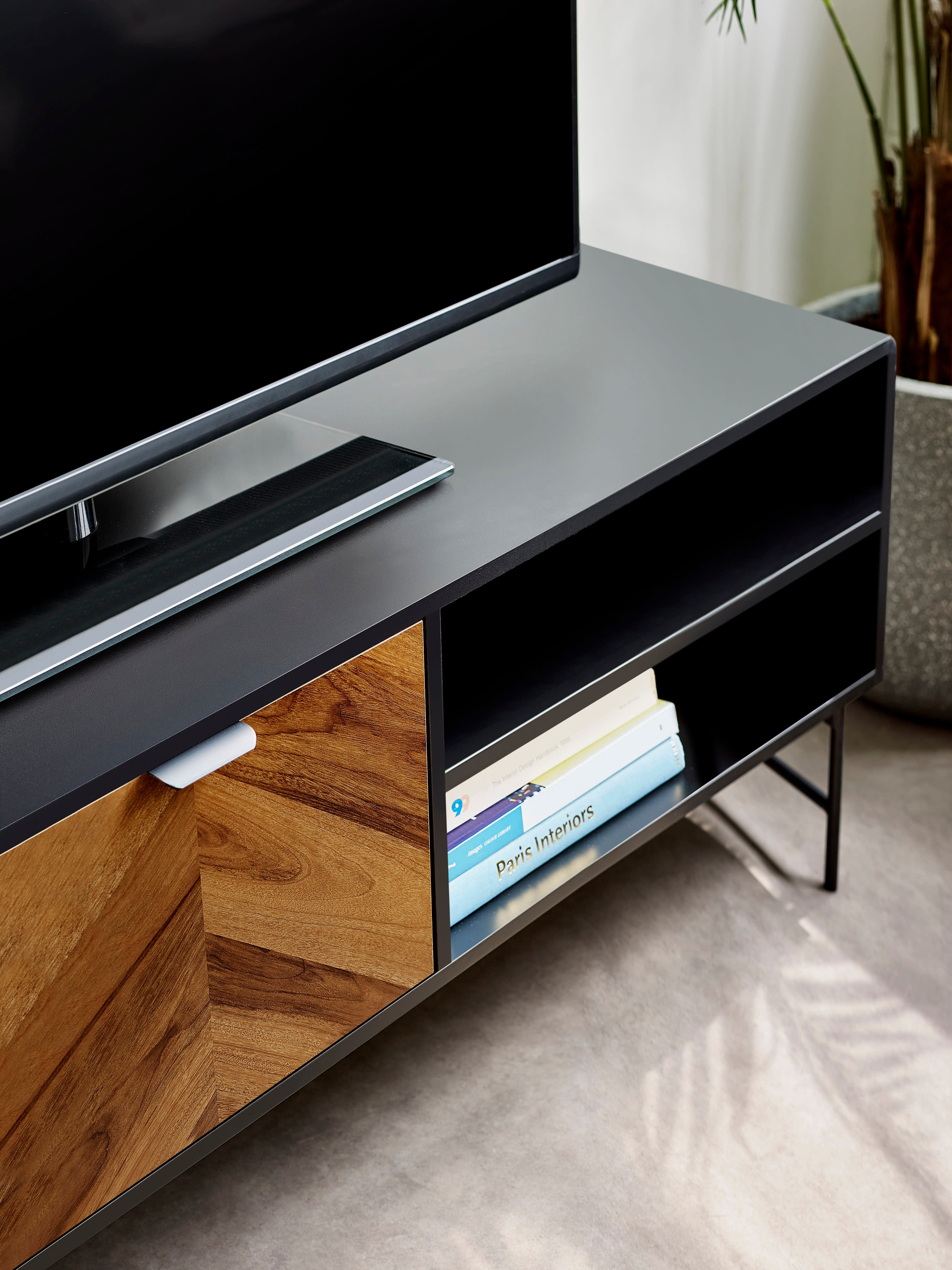 Alvin Black and Natural Wood‑Effect 65" TV Unit