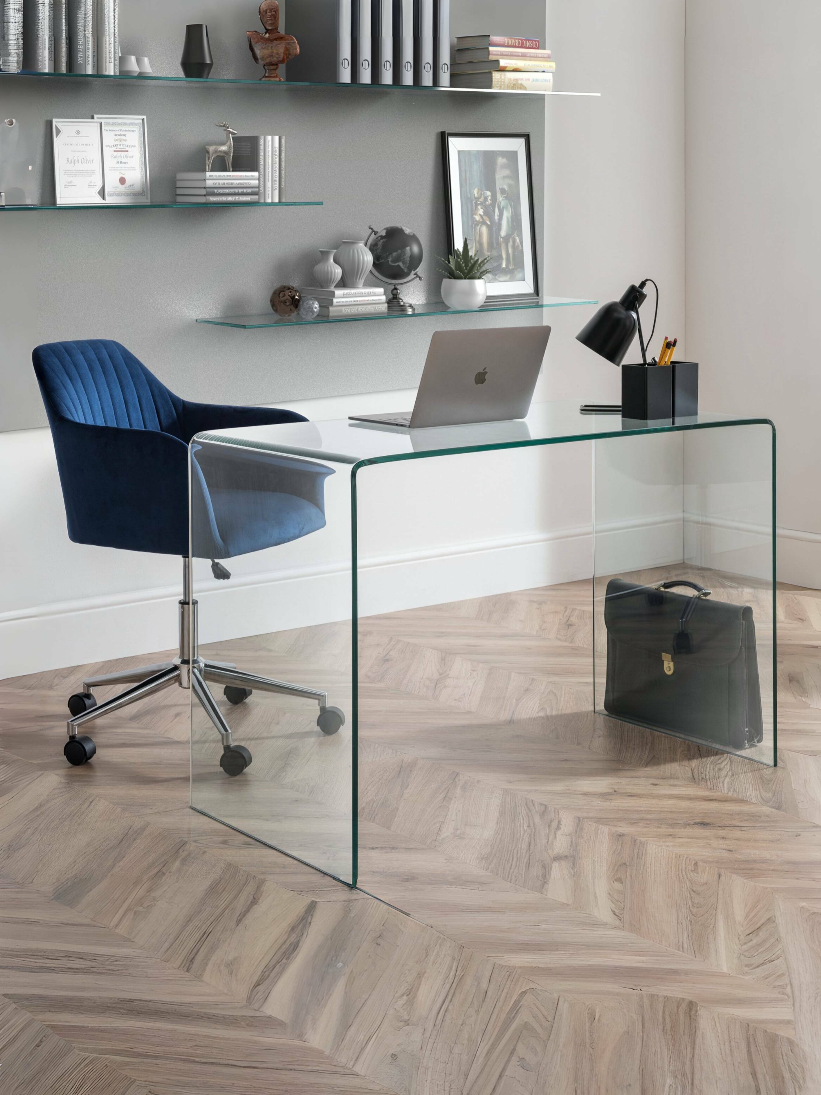 Amalfi Desk and Kahlo Blue Office Chair – Clear
