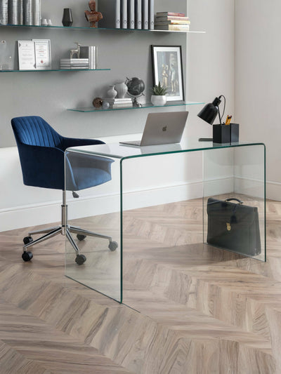 Amalfi Desk and Kahlo Blue Office Chair – Clear