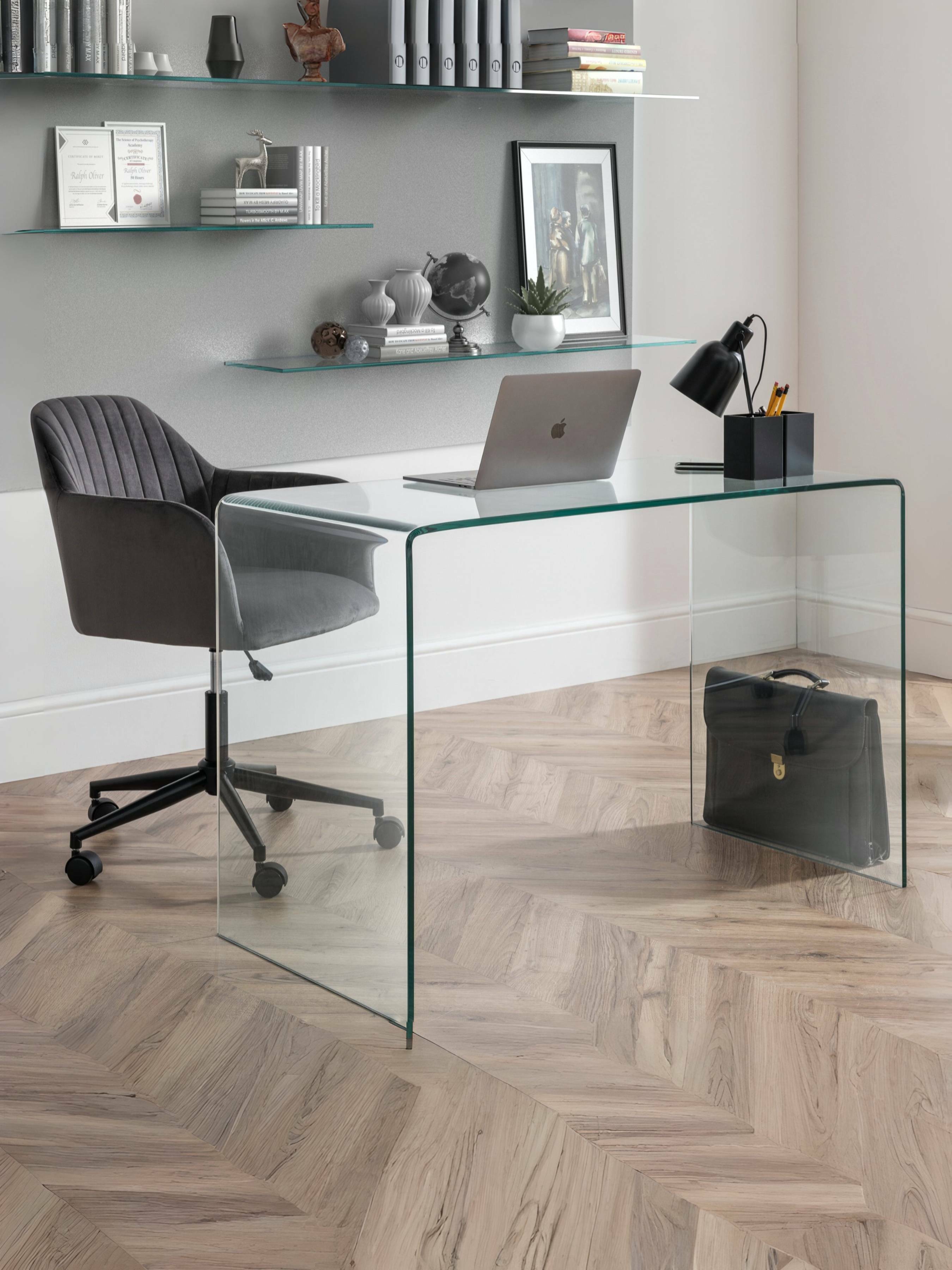 Amalfi Desk and Kahlo Grey Office Chair – Clear