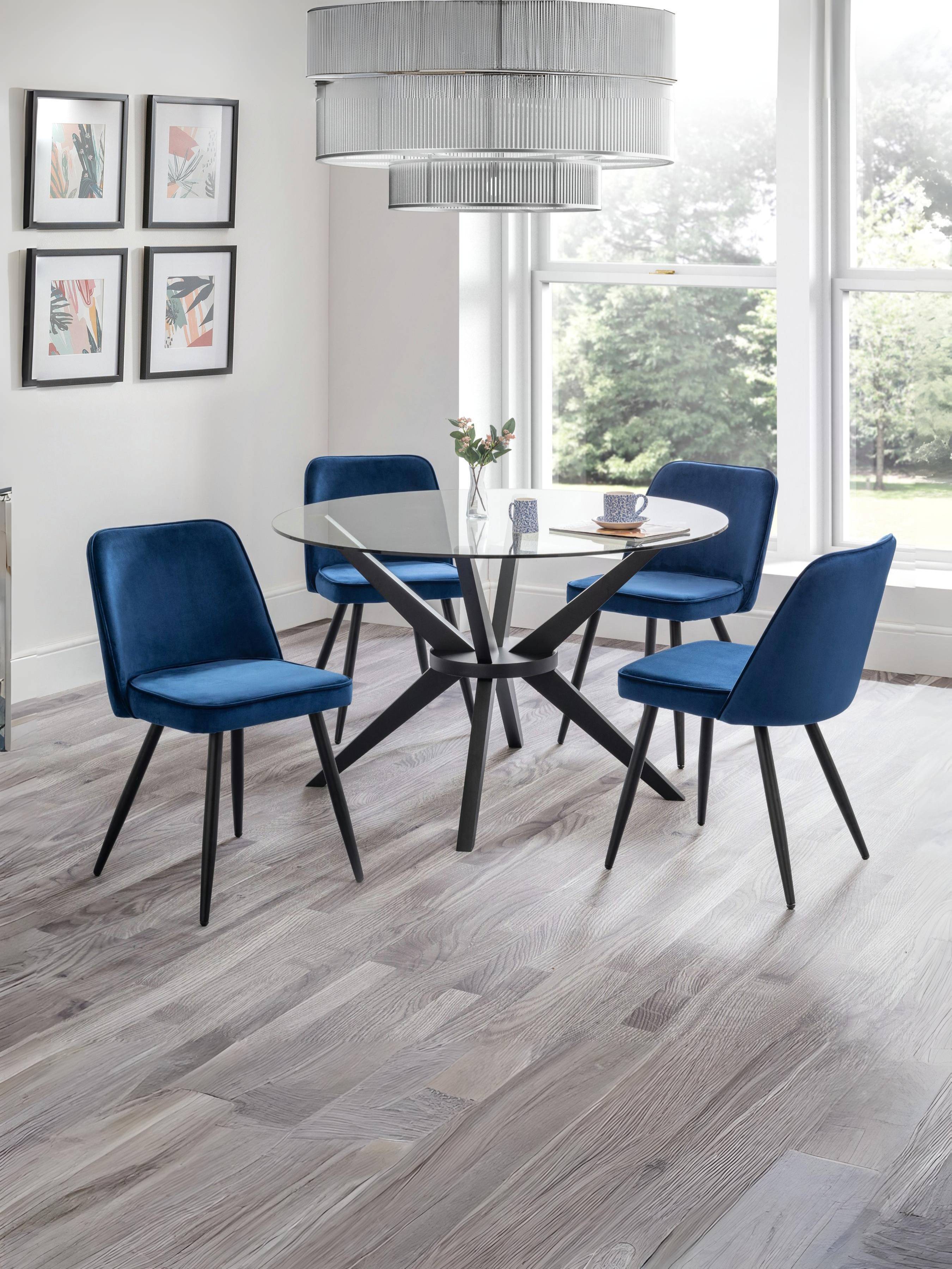 Anderson Round Glass Dining Table Set with 4 Burgess Blue Velvet Dining Chairs – Silver