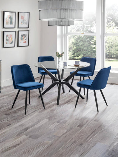 Anderson Round Glass Dining Table Set with 4 Burgess Blue Velvet Dining Chairs – Silver