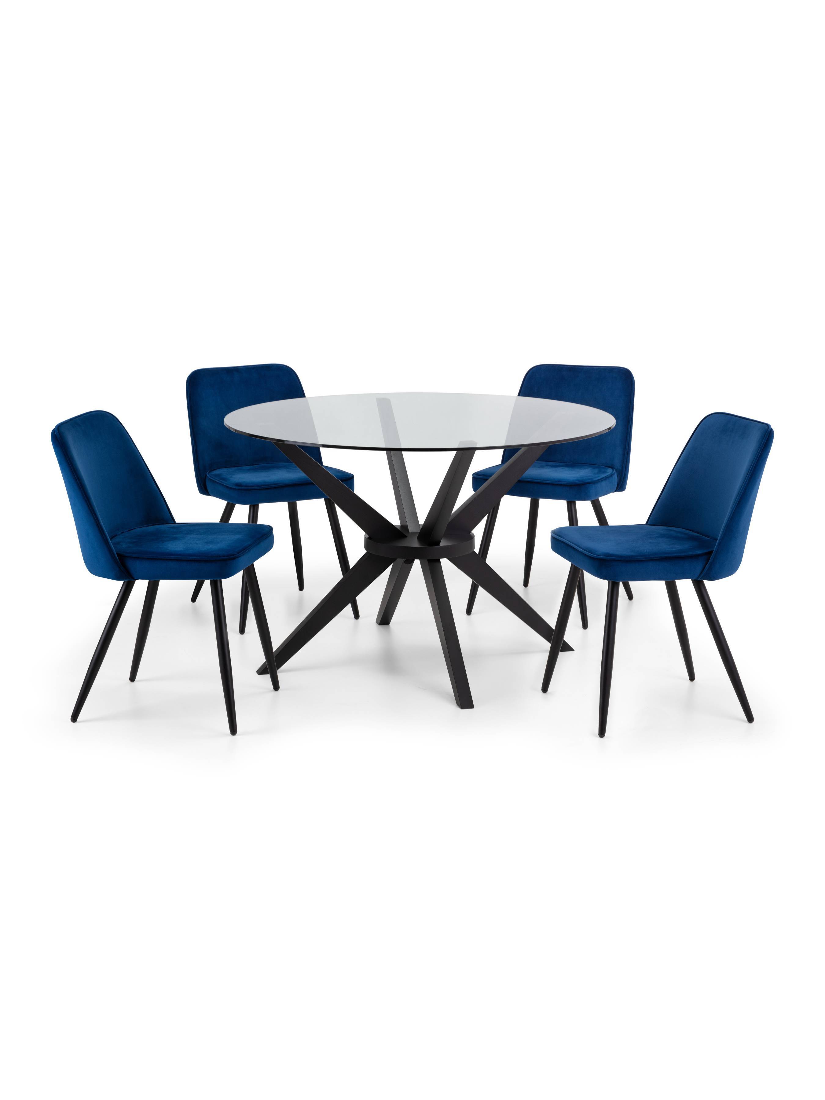 Anderson Round Glass Dining Table Set with 4 Burgess Blue Velvet Dining Chairs – Silver