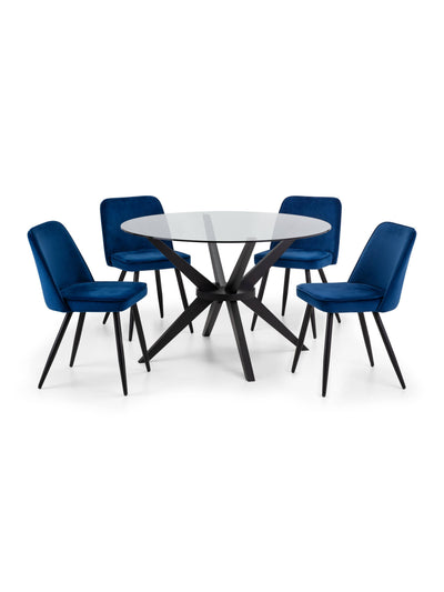 Anderson Round Glass Dining Table Set with 4 Burgess Blue Velvet Dining Chairs – Silver