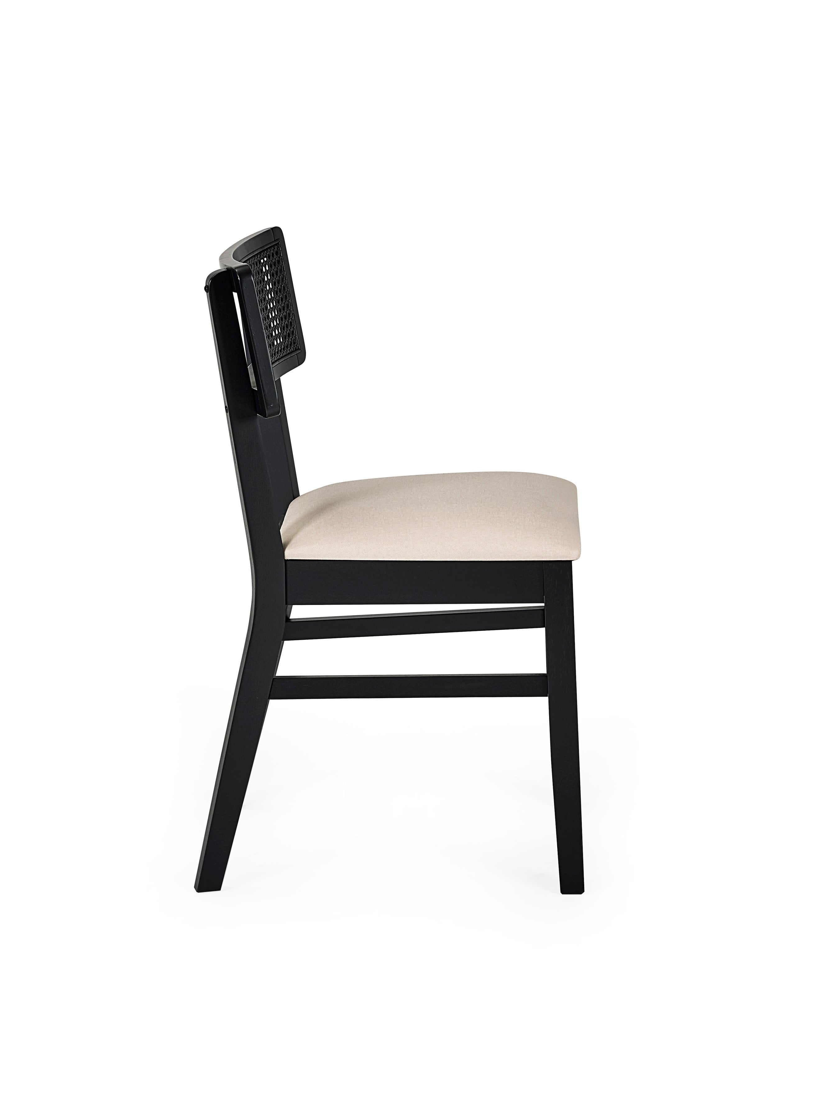 Annika Set of 2 Satin Black Natural Fabric Rattan Back Dining Chairs – Black Oak Effect