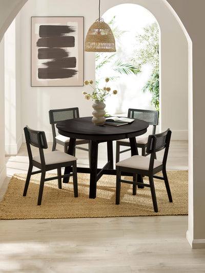 Annika Set of 2 Satin Black Natural Fabric Rattan Back Dining Chairs – Black Oak Effect