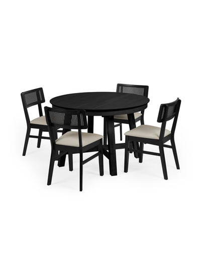 Annika Set of 2 Satin Black Natural Fabric Rattan Back Dining Chairs – Black Oak Effect