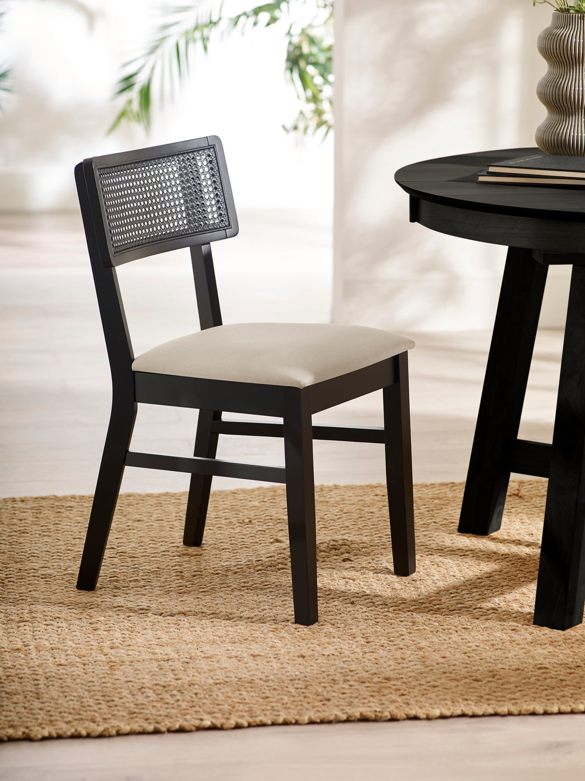 Annika Set of 2 Satin Black Natural Fabric Rattan Back Dining Chairs – Black Oak Effect