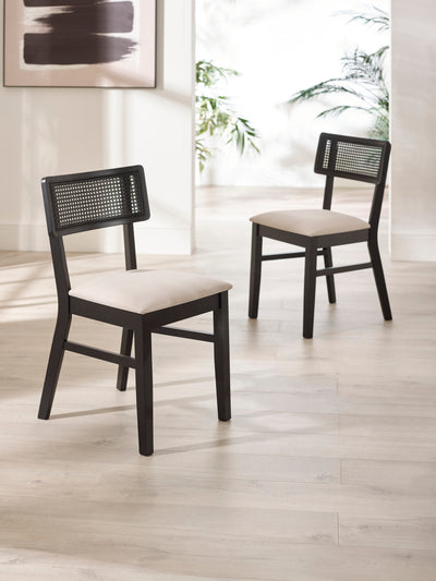 Annika Set of 2 Satin Black Natural Fabric Rattan Back Dining Chairs – Black Oak Effect