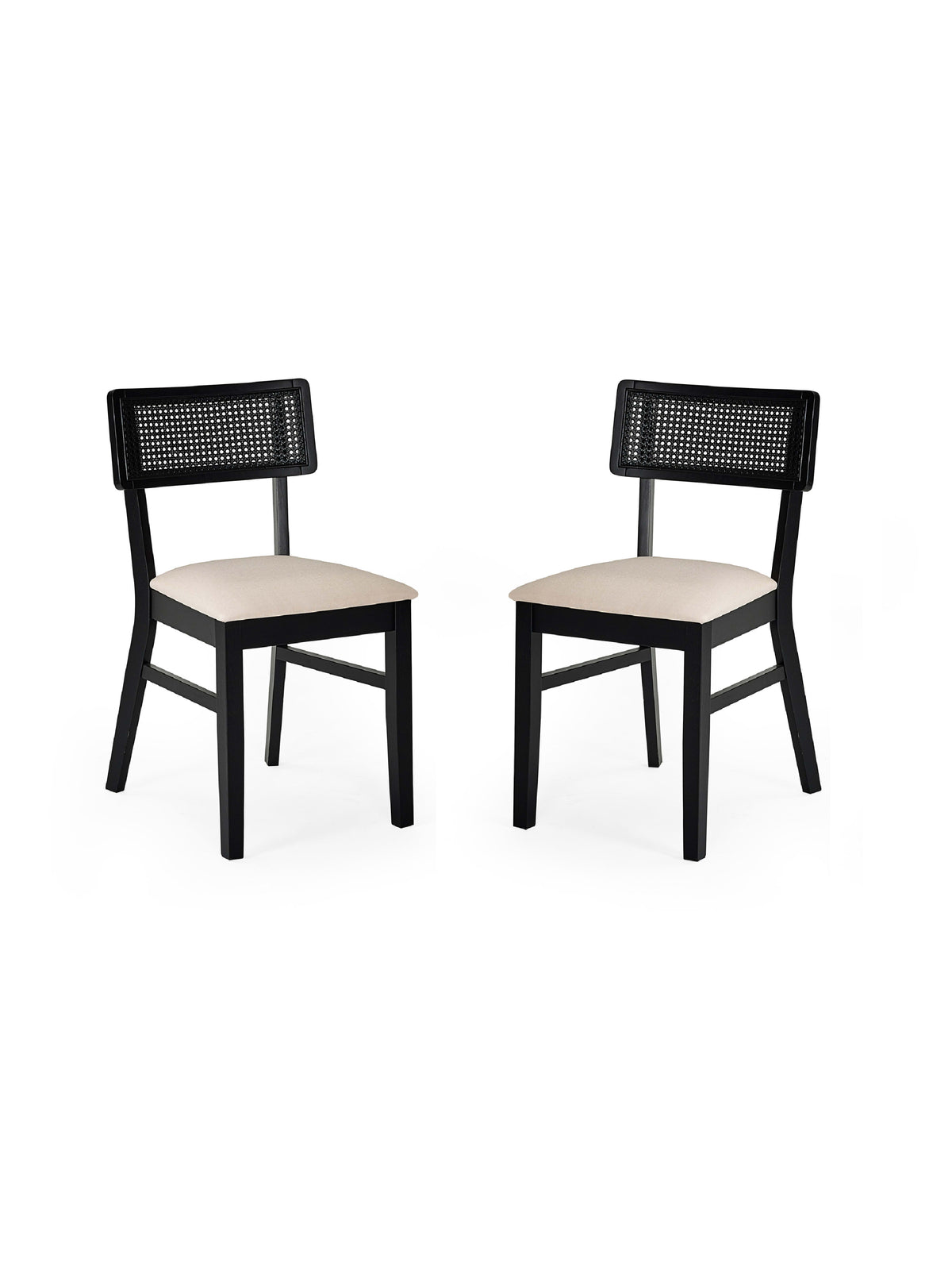 Annika Set of 2 Satin Black Natural Fabric Rattan Back Dining Chairs – Black Oak Effect