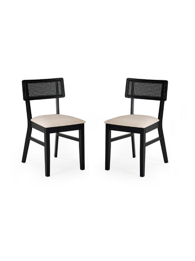 Annika Set of 2 Satin Black Natural Fabric Rattan Back Dining Chairs – Black Oak Effect