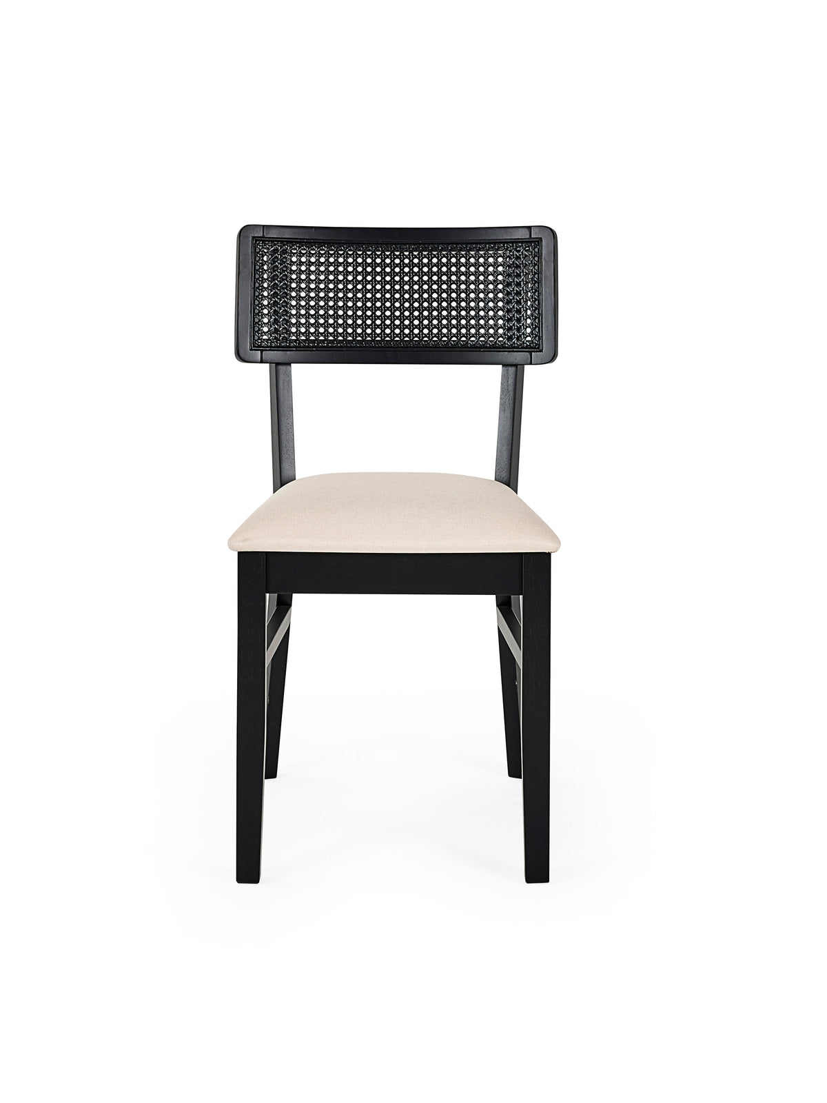 Annika Set of 2 Satin Black Natural Fabric Rattan Back Dining Chairs – Black Oak Effect