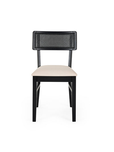 Annika Set of 2 Satin Black Natural Fabric Rattan Back Dining Chairs – Black Oak Effect
