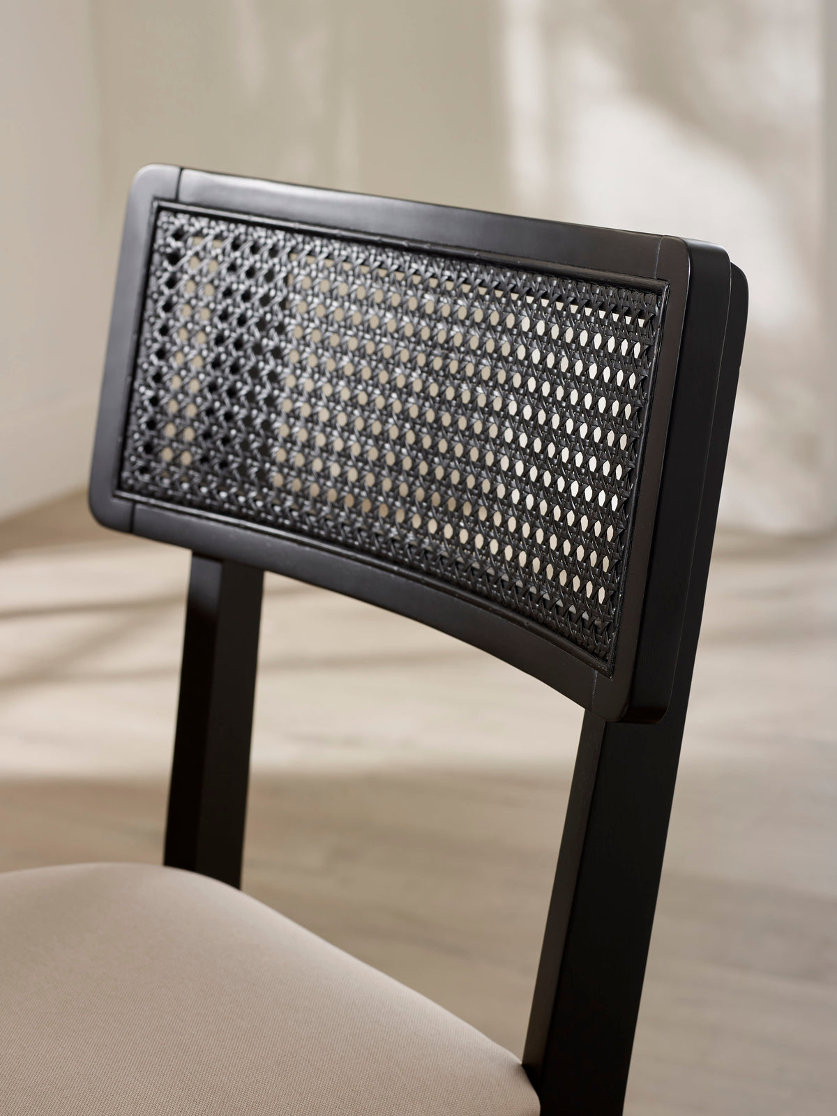 Annika Set of 2 Satin Black Natural Fabric Rattan Back Dining Chairs – Black Oak Effect