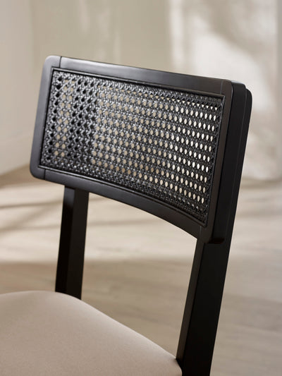 Annika Set of 2 Satin Black Natural Fabric Rattan Back Dining Chairs – Black Oak Effect
