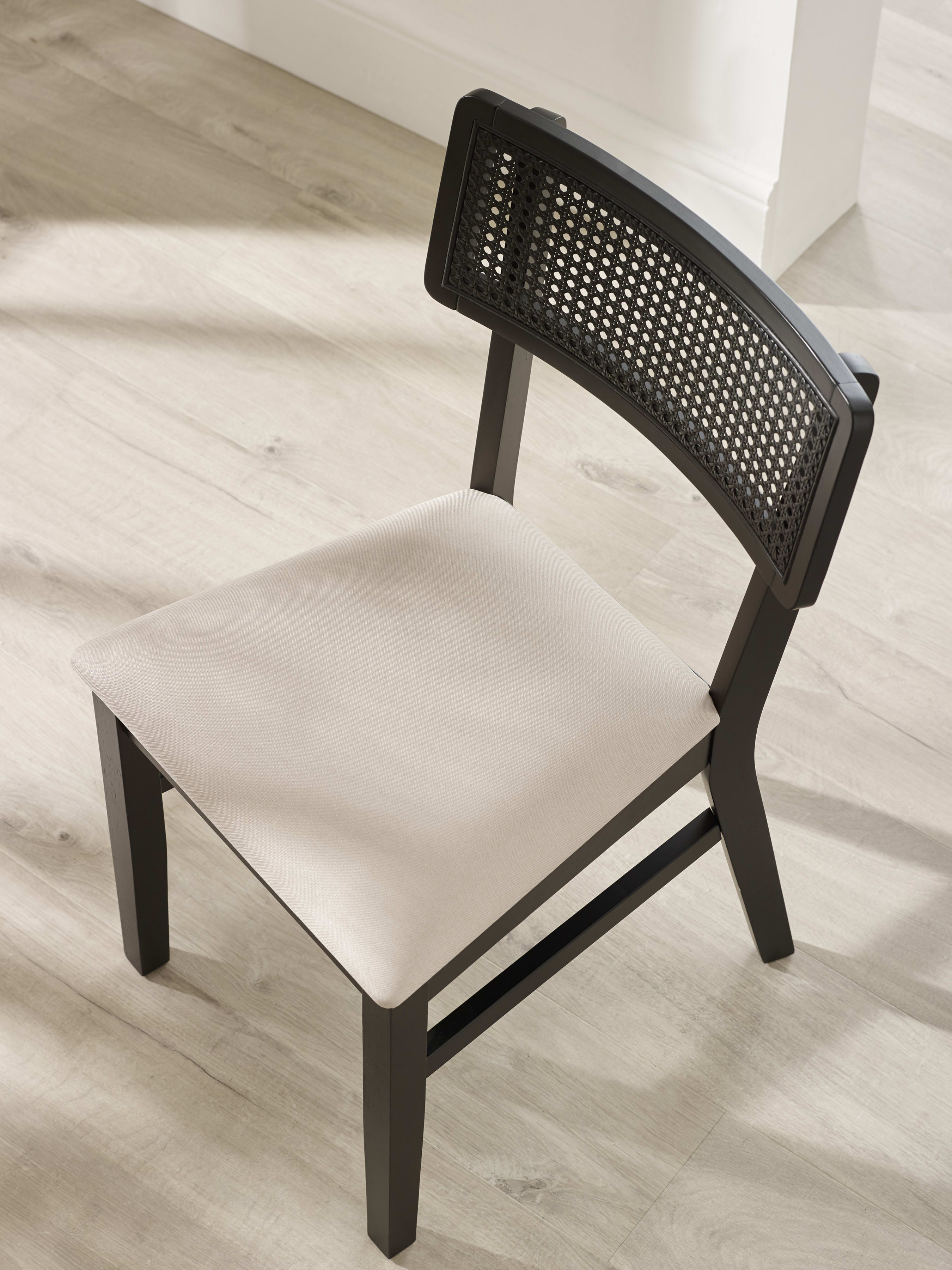 Annika Set of 2 Satin Black Natural Fabric Rattan Back Dining Chairs – Black Oak Effect