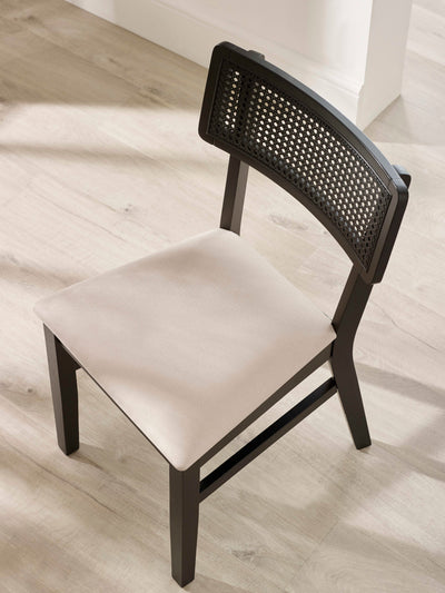 Annika Set of 2 Satin Black Natural Fabric Rattan Back Dining Chairs – Black Oak Effect