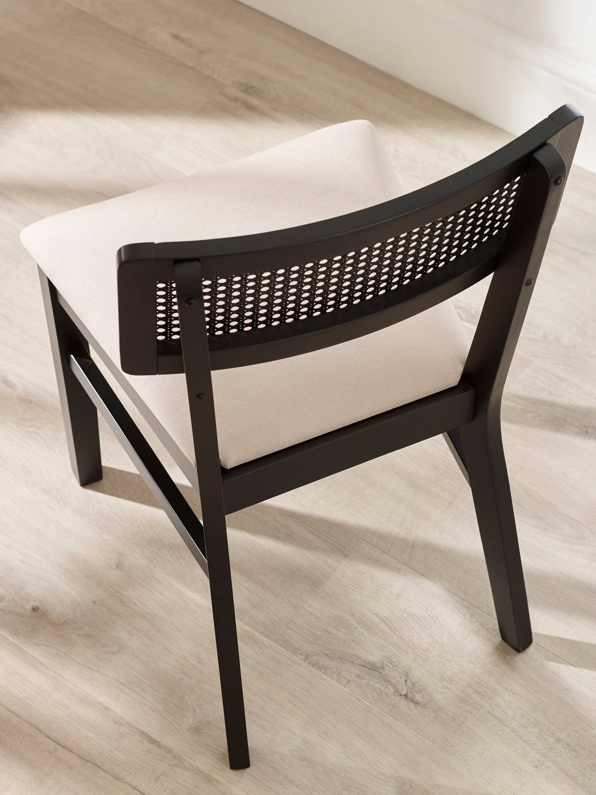 Annika Set of 2 Satin Black Natural Fabric Rattan Back Dining Chairs – Black Oak Effect