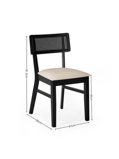 Annika Set of 2 Satin Black Natural Fabric Rattan Back Dining Chairs – Black Oak Effect