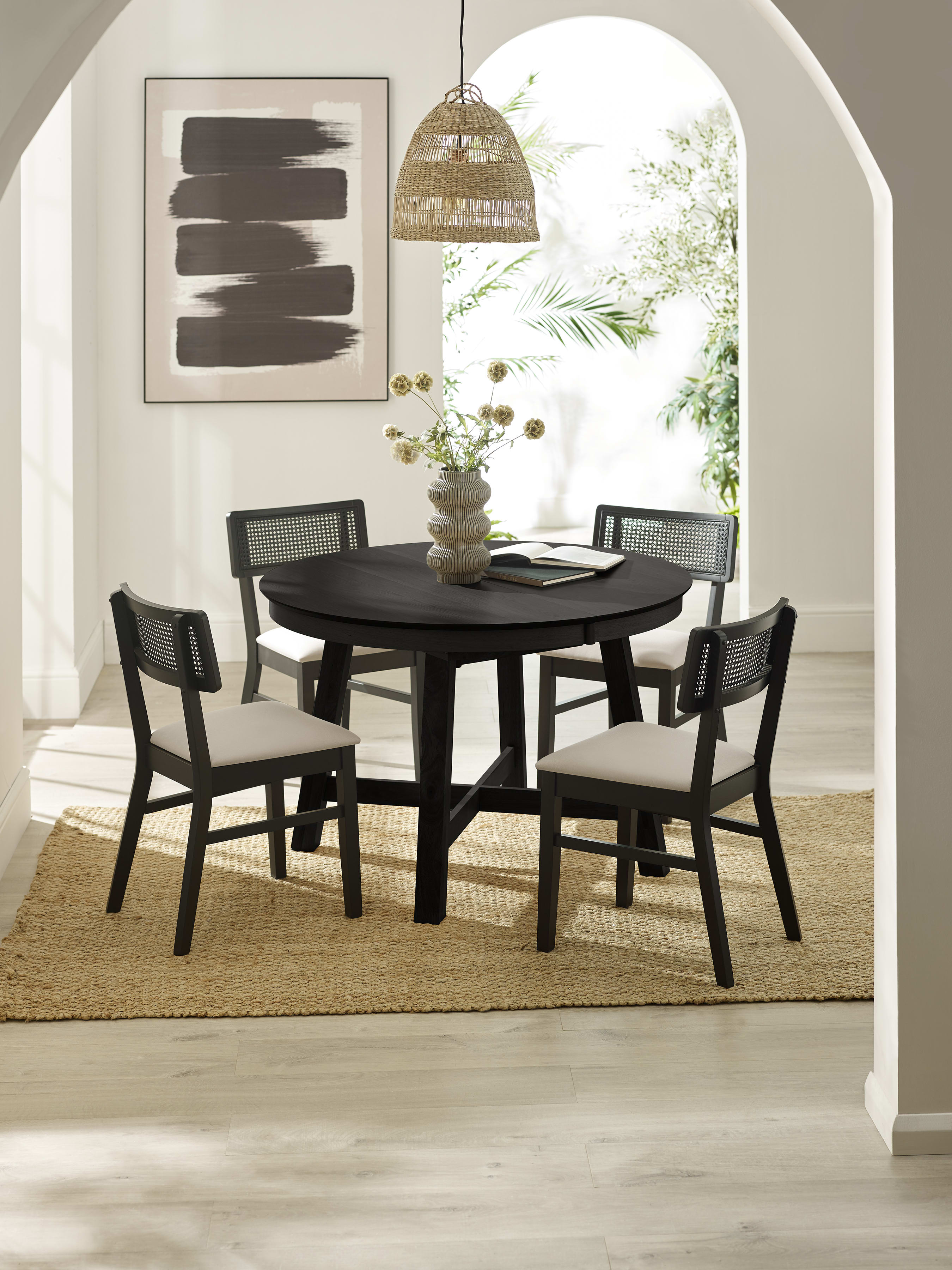 Annika Black Round Extending Dining Table Set with 4 Rattan Back Chairs – Black Oak Effect