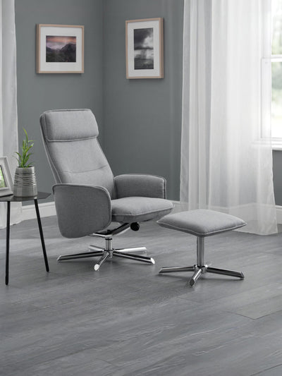 Aria Recliner & Stool With Chrome Base - Grey Linen