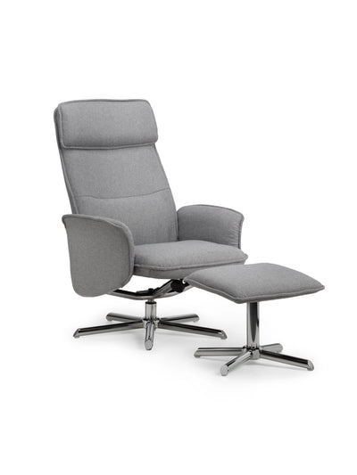 Aria Recliner & Stool With Chrome Base - Grey Linen