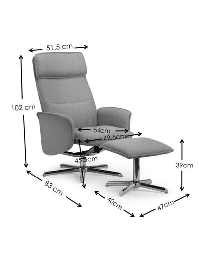 Aria Recliner & Stool With Chrome Base - Grey Linen