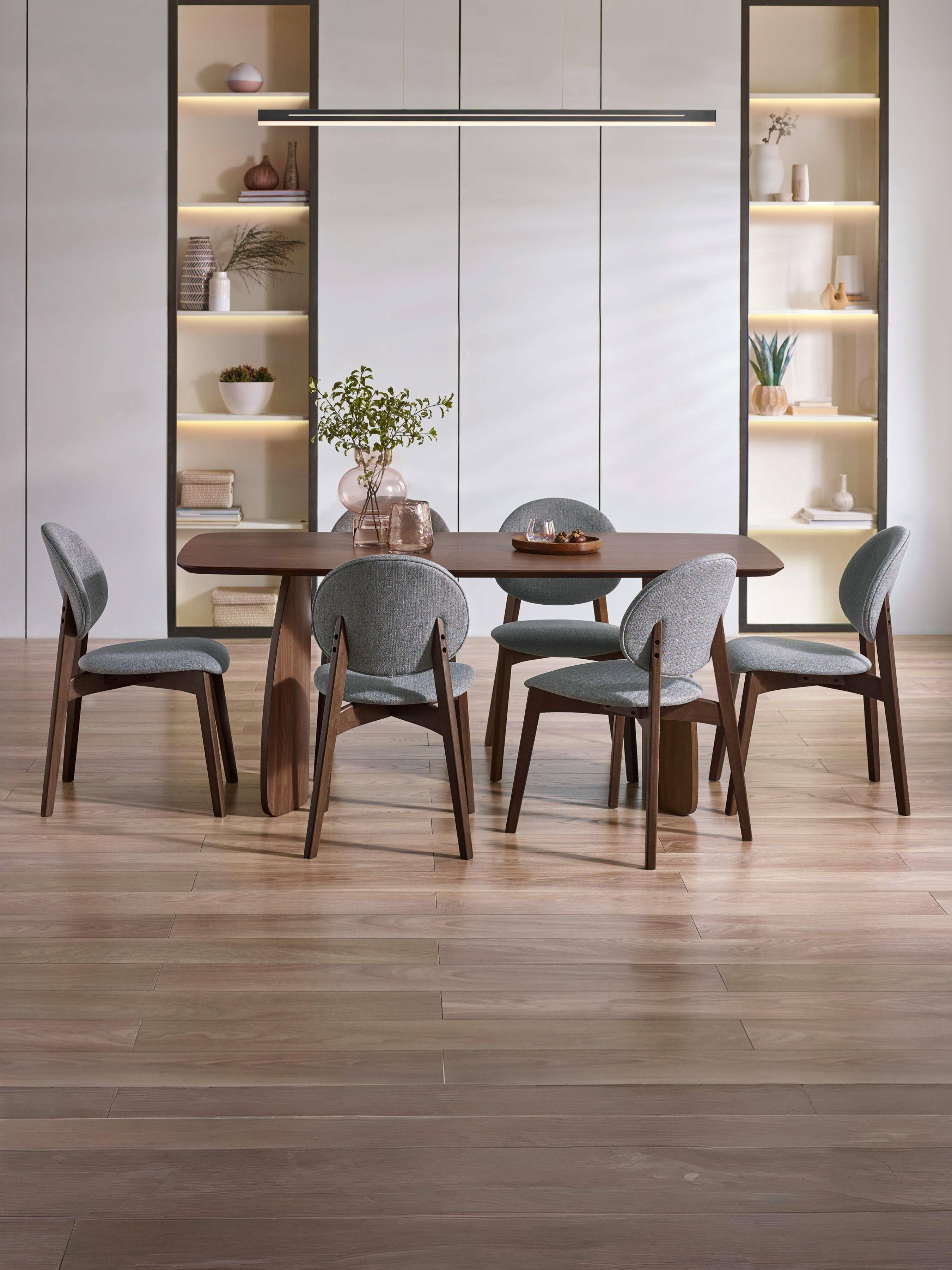 Artemis Rectangular Walnut Dining Table Set with 6 Grey Upholstered Dining Chairs – Walnut Effect