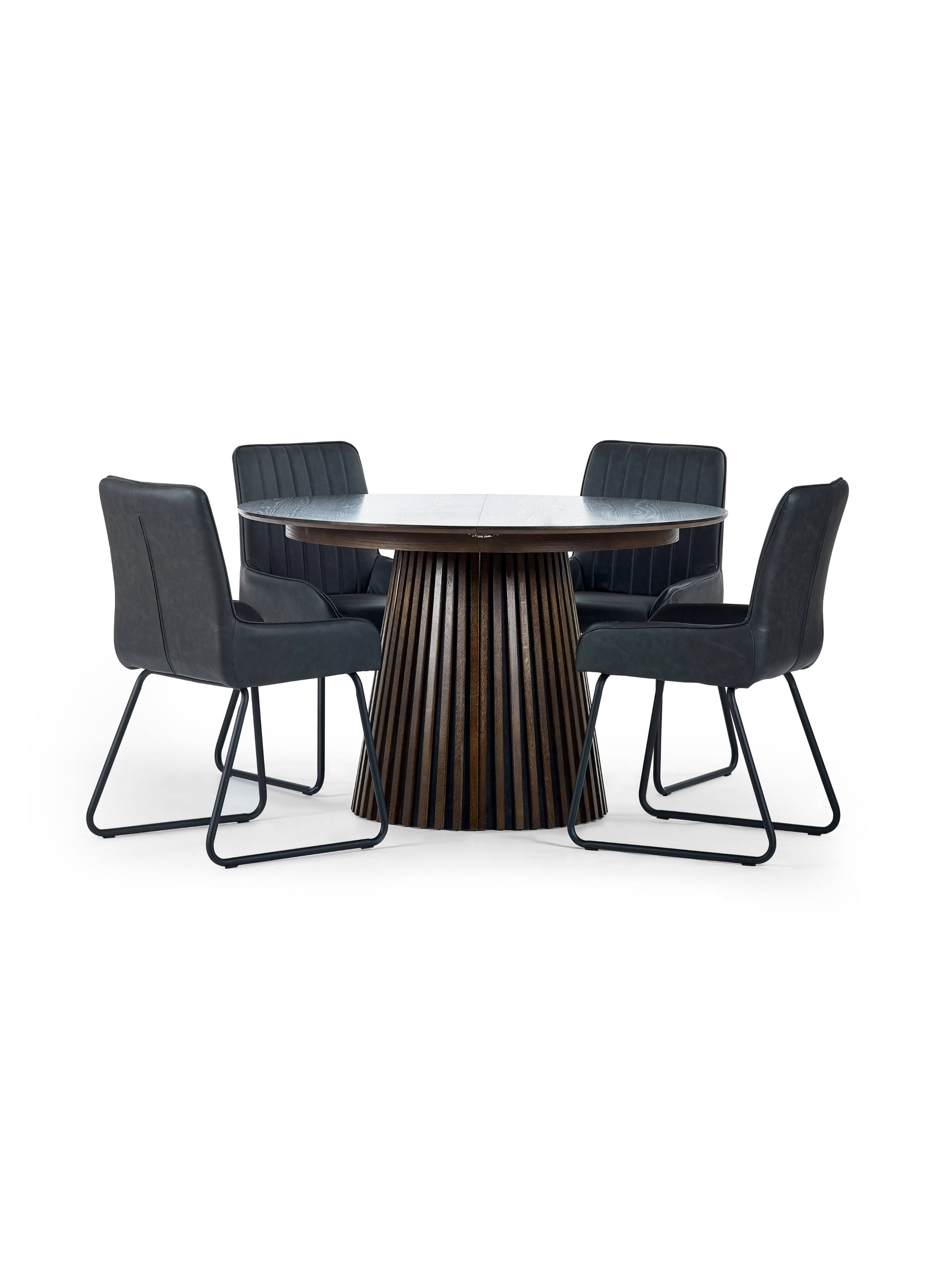 Arya 120-200cm Extending Round Dark Oak Dining Table Set with 4 Antique Black Soho Faux Leather Dining Chairs