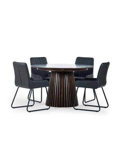 Arya 120-200cm Extending Round Dark Oak Dining Table Set with 4 Antique Black Soho Faux Leather Dining Chairs