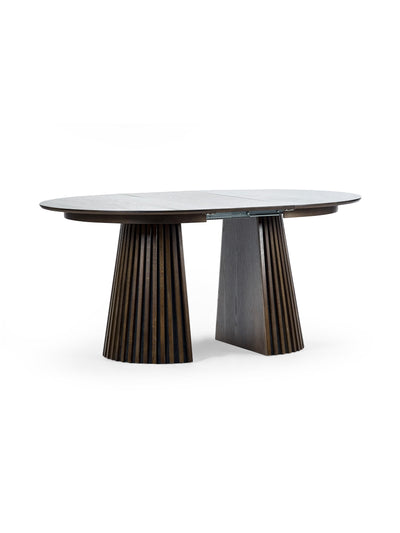 Arya 120-200cm Extending Round Dark Oak Dining Table Set with 4 Antique Black Soho Faux Leather Dining Chairs