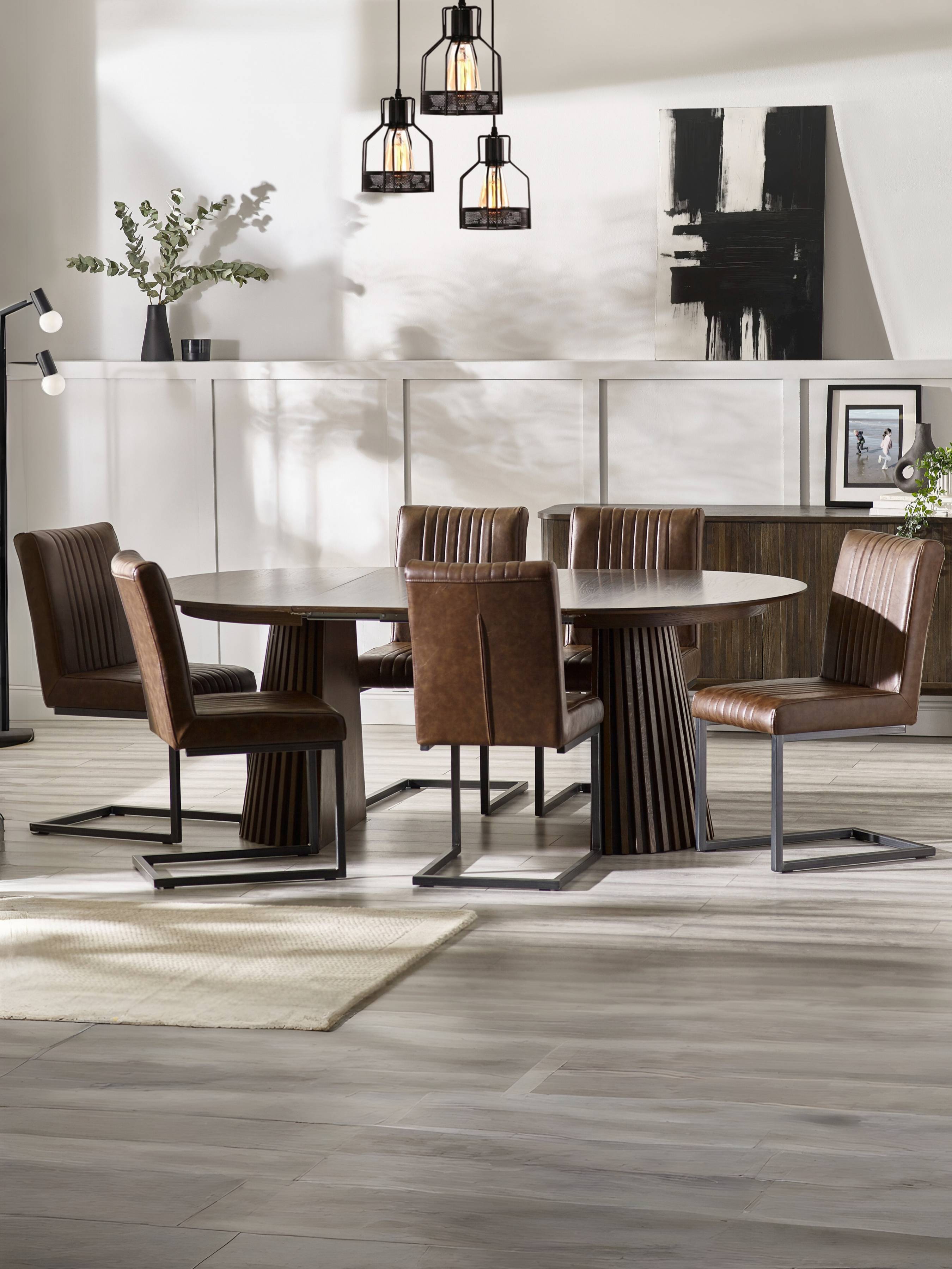 Arya 120-200cm Extending Round Dark Oak Dining Table Set with 6 Brooklyn Brown Faux Leather Dining Chairs