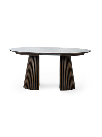 Arya 120-200cm Extending Round Dark Oak Dining Table Set with 6 Brooklyn Brown Faux Leather Dining Chairs