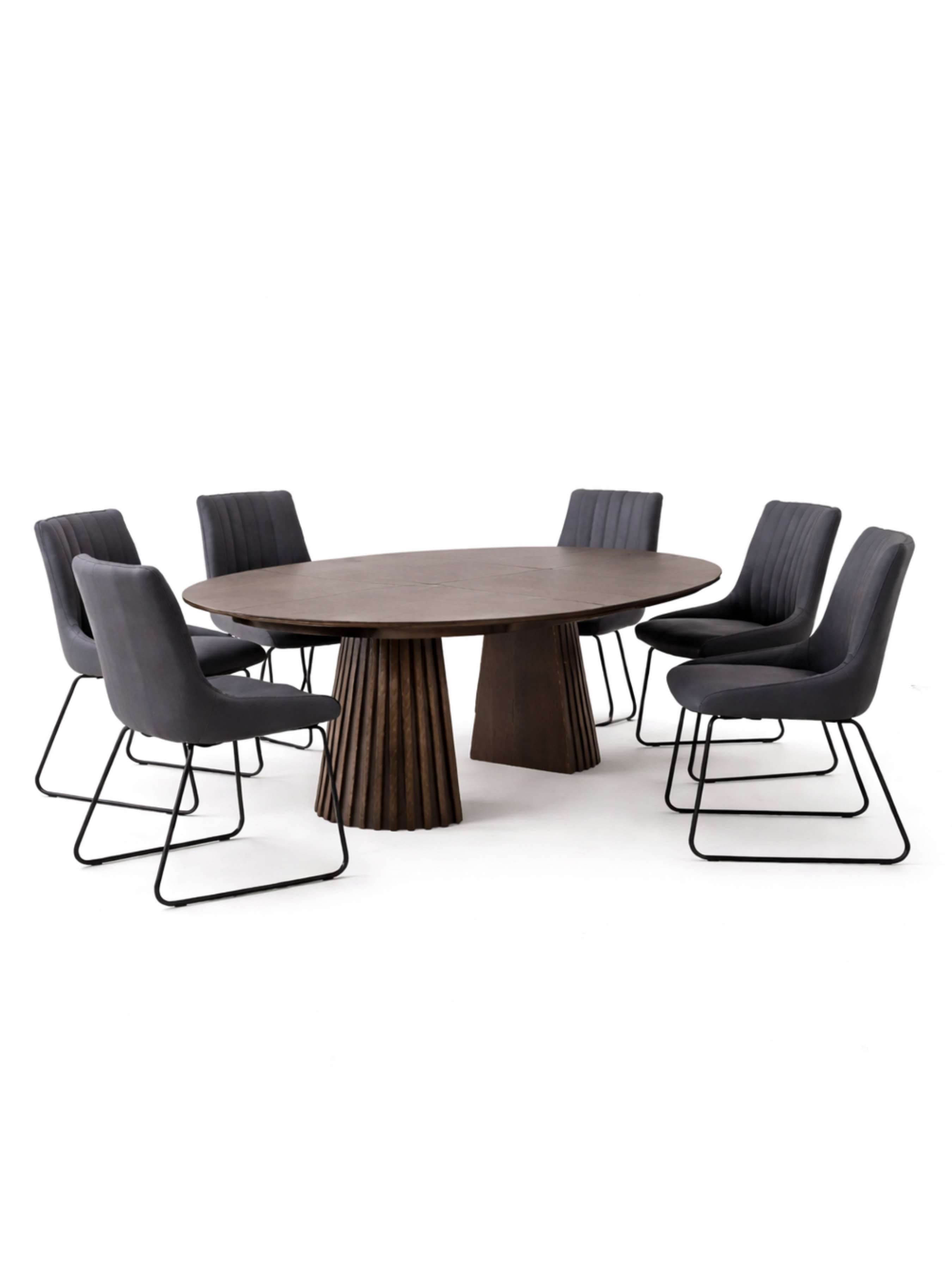 Arya 120-200cm Extending Round Dark Oak Dining Table Set with 6 Antique Black Soho Faux Leather Dining Chairs