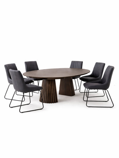Arya 120-200cm Extending Round Dark Oak Dining Table Set with 6 Antique Black Soho Faux Leather Dining Chairs