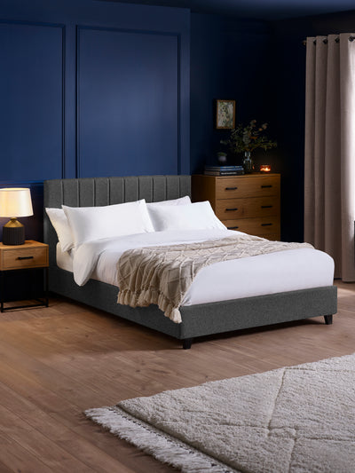 Aylen Dark Grey Faux Linen Upholstered Bed Frame – Dark Grey Linen