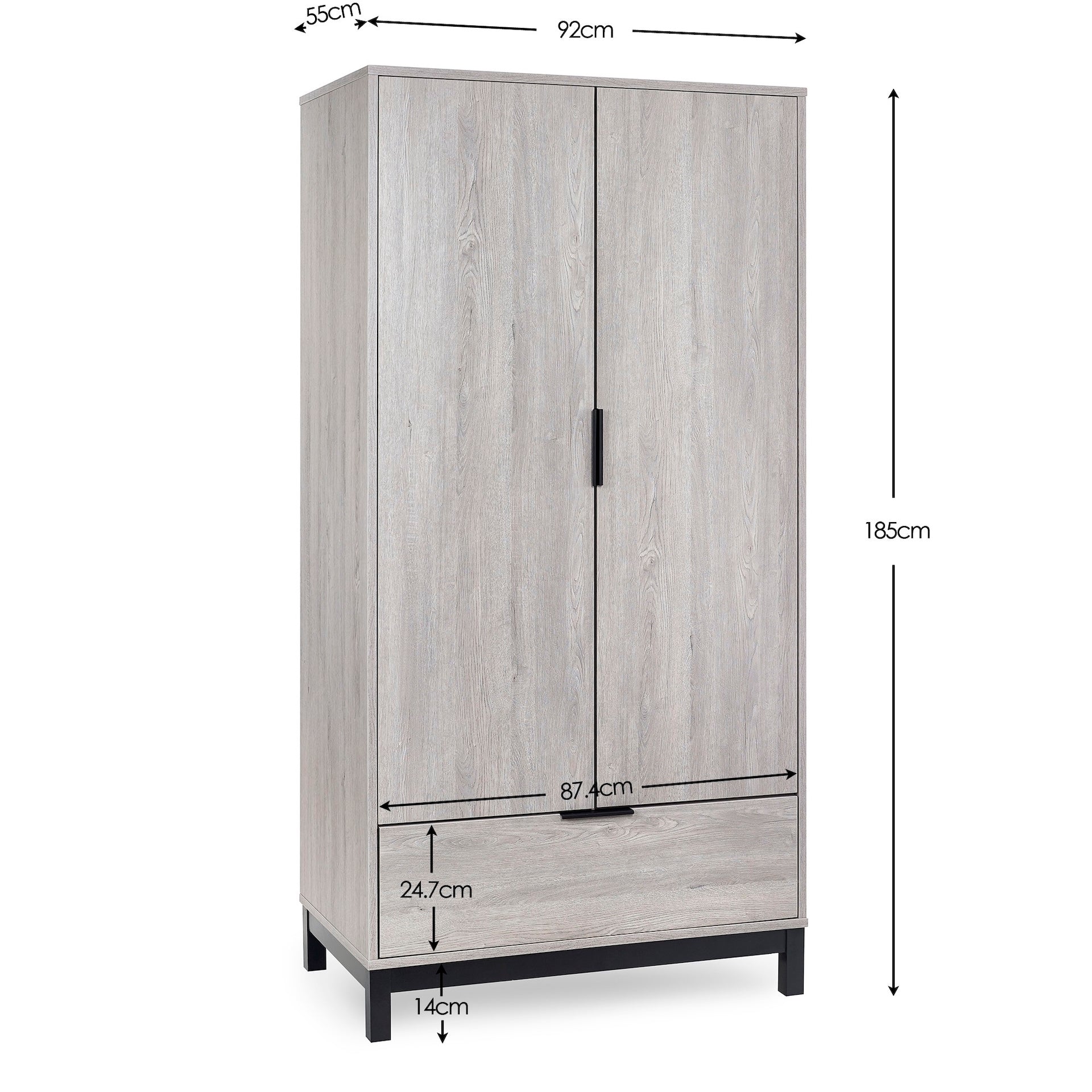 Bali 2 Door 1 Drawer Wardrobe - Grey Oak – Julian Bowen, view 5