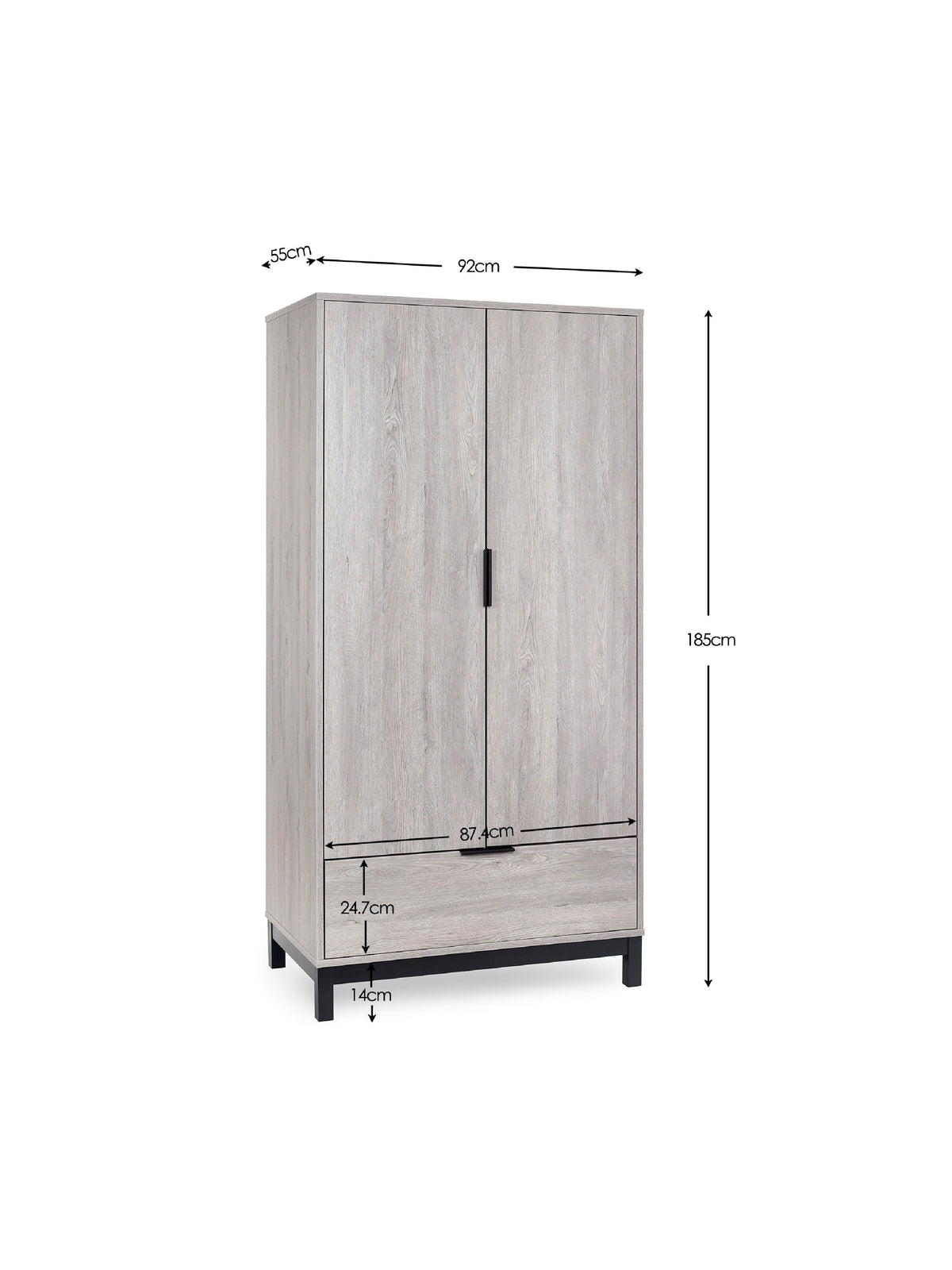 Bali 2 Door 1 Drawer Wardrobe - Grey Oak